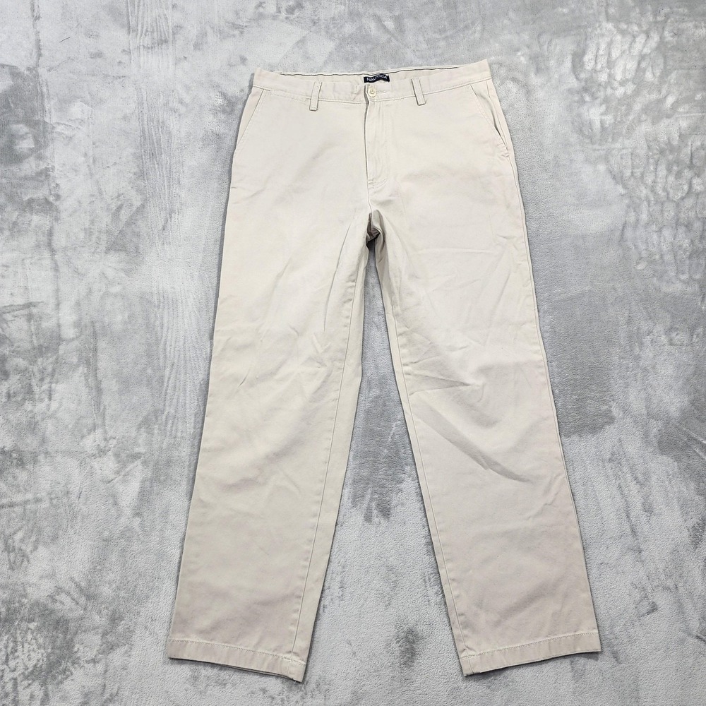 Nautica‎ Pants Mens 36x32 Beige Khaki Cotton Flat Front Chino Straight Casual